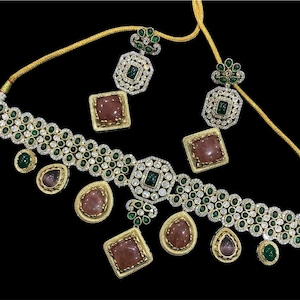 Premium Amrapali Inspired Victorian Gold Multi color Uncut Faux Polki Kundan choker Necklace With Earrings Indian Pakistani Designer Jewelry