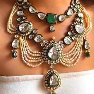 Premium Multilayered Sabyasachi inspired Emerald Green Pearl White Necklace Set With Earrings/Statement Bridal Wedding Indian Pakistani set