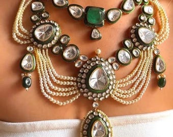 Premium Multilayered Sabyasachi inspired Emerald Green Pearl White Necklace Set With Earrings/Statement Bridal Wedding Indian Pakistani set