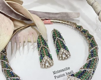 Sabyasachi inspired fusion moissanite polki Hasli necklace set/Statement Indian Bridal Ambani wedding pakistani celebrity bridesmaid jewelry
