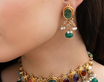 Sabyasachi inspired green/navratan Choker set with earrings/Indian Pakistani Necklace Set/Bridal jewelry/Statement necklace/Bollywood