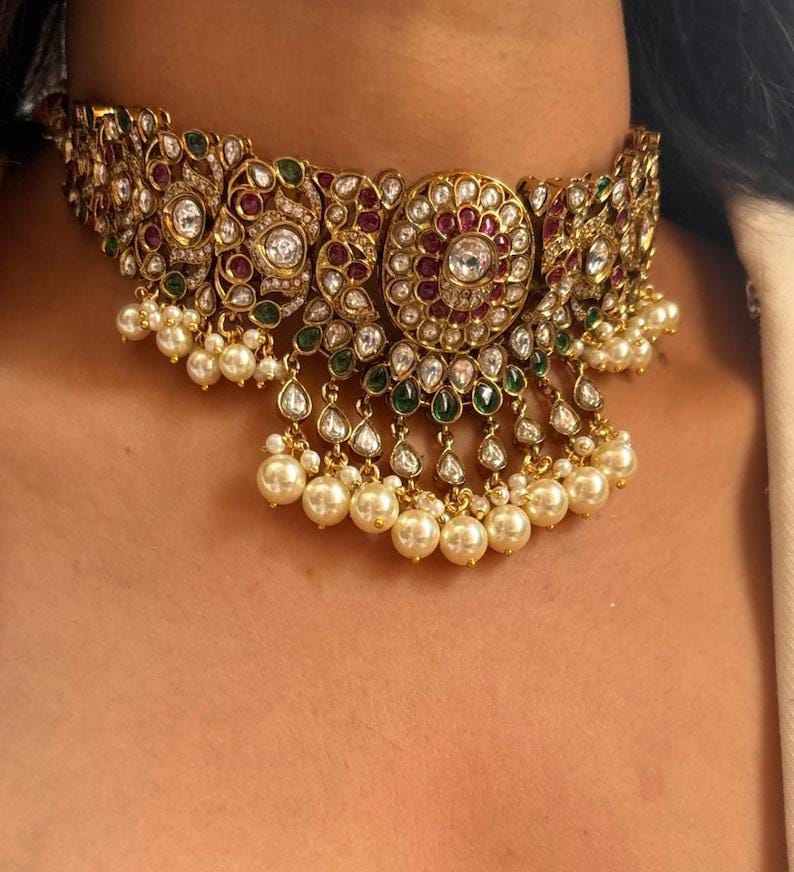 Sabyasachi inspired necklace gold jewellery pink kundan necklace green emralad jewellery choker set