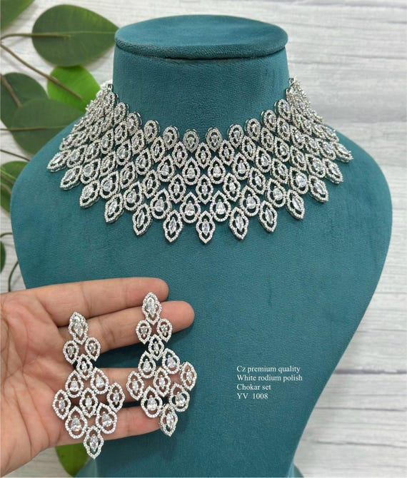 Silver Plated American Diamond Necklace Set with earrings ad Necklace