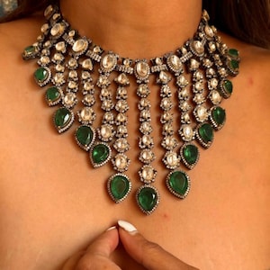 Emerald Victorian Moissanite Kundan Necklace, Sabyasachi necklace, Indian Jewelry, Pakistani Jewelry, Wedding necklace, Bridal necklace