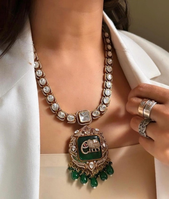 Premium Amrapali jewelry Inspired Victorian Gold long Moissanite Polki Kundan Zirconia Emerald Ruby Elephant Motif Necklace With Earrings