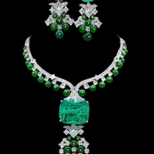 Premium american diamond cubic zirconia necklace set with earrings/emerald jewelry set/doublet set/wedding set/bridal set/statement necklace