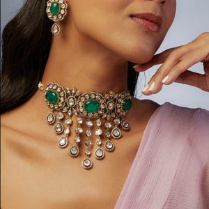 Fine Emerald Green Victorian Kundan Polki Choker jewelry set/ polki necklace set/ uncut kundan necklace