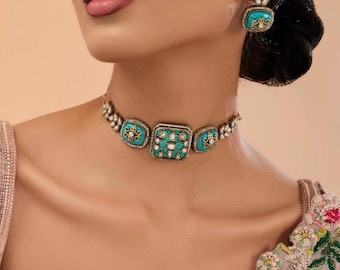 Delicate Light Weight Victorian Kundan Choker with Earrings/Indian Pakistani/Punjabi Jewelry/Engagment sangeet Jewelry/Kundan Set