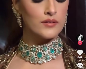 Royal Gold Plated Sabysachi Inspired celebrity Moissanite Kundan Necklace With Ear cuffs and tikka  Indian Pakistani Bridal Wedding Jewelry