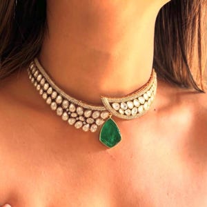 Polki choker Necklace Green Kundan Set Sabyasachi Jewelry Victorian Polki Diamond Necklace Jadau Jewelry Emerald Doublet Moissanite Jewelry