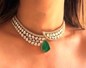 Polki choker Necklace Green Kundan Set Sabyasachi Jewelry Victorian Polki Diamond Necklace Jadau Jewelry Emerald Doublet Moissanite Jewelry