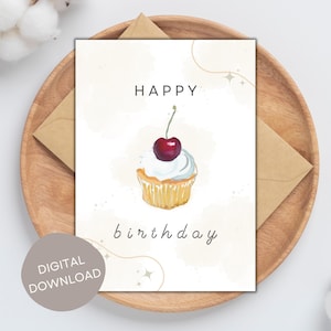 印刷可能なチェリーパイの誕生日カード、ハッピーバースデーカード、デジタルダウンロード、印刷可能な誕生日カード、インスタントデジタルダウンロード、5x7 カード