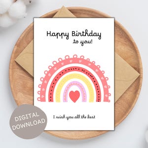 Tarjeta de cumpleaños con arcoíris para imprimir, tarjeta de feliz cumpleaños, tarjeta para niños, tarjeta de cumpleaños para imprimir, descarga digital instantánea, tarjeta PDF de 5 x 7