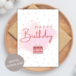 Cartão de aniversário para impressão com bolo de aniversário, cartão de feliz aniversário, cartão infantil, cartão de aniversário para impressão, download digital instantâneo, cartão 5x7