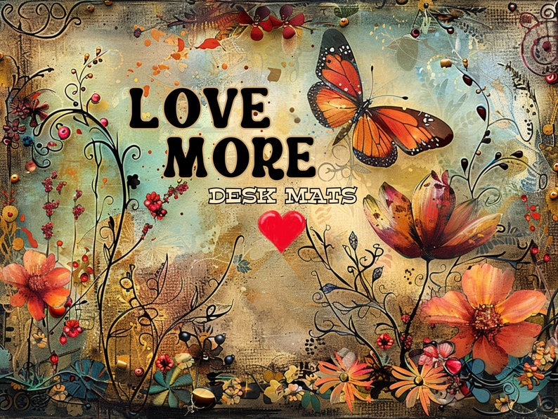 Puede incluir: Una alfombrilla de escritorio colorida con un dise&ntilde;o floral y una mariposa. El texto "LOVE MORE DESK MATS" est&aacute; impreso en la alfombrilla.