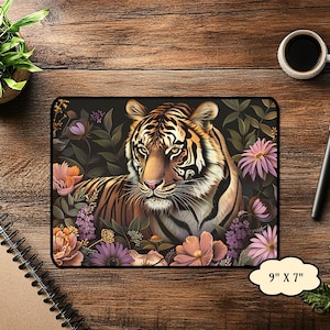 Jungle Tiger Mousepad,Jungle Flower Mousepad,Nature Inspired Office Mousepad,Tiger Lover Mousepad,Tiger Gaming Mousepad,Office Gift For Her