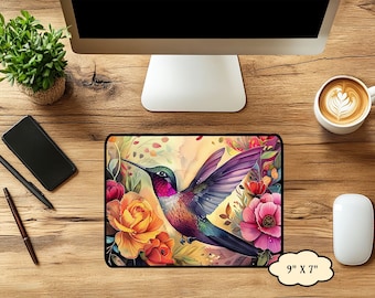 Alfombrilla de ratón con forma de colibrí, alfombrilla de ratón con motivos florales, alfombrilla de ratón inspirada en la naturaleza, alfombrilla de juego inspirada en la naturaleza, alfombrilla de ratón de regalo para ella, regalo para amantes de los colibríes, regalo para amantes de los pájaros