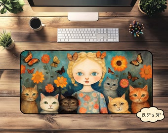 Lindo tapete de escritorio con diseño de gato y mariposas, tapete de escritorio con diseño de gato de arte popular, regalo de oficina para amantes de los gatos, decoración de escritorio para la oficina de mamás gatas, regalo para amantes de las mariposas