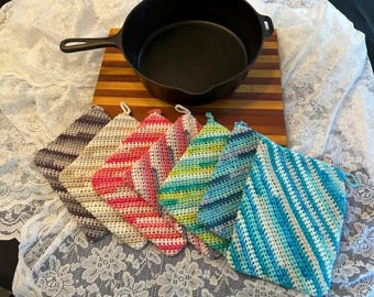Crocheted Cotton Potholder:  Double Thick with Hanging Loop