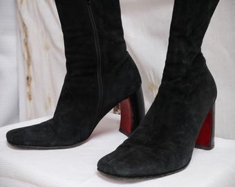 Ann Demeulemeester Czarne botki na obcasie bananowym z czerwoną podeszwą - Runway 1996, EU 38