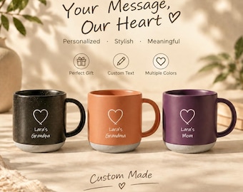 Personalized Heart Ceramic Mug, Custom Engraved Coffee Cup, Two Tone Stoneware Mug, Grandparent Gift