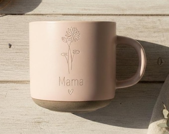 Engraved Birth Month Flower Mug, Personalized Pottery Gift for Mom Nana