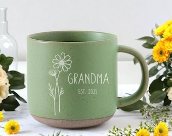 Engraved Birth Flower Coffee Mug: Personalized Pottery Gift
