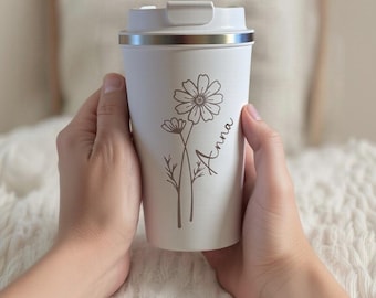 Personalized Birth Flower Tumbler,Engraved Insulated Stainless Steel Coffee Tumbler, Personalized Travel Mug Engraved with Name