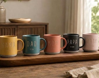 Personalized Mug Custom Names, Engraved Multi-colored Stoneware Coffee Cups, Personalized gift for mom dad