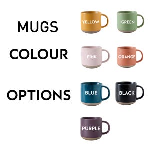 May include: A collection of ceramic mugs in various colors, including yellow, green, pink, orange, blue, black, and purple. Each mug has a contrasting base and a handle. The text "MUGS COLOUR OPTIONS" is displayed.