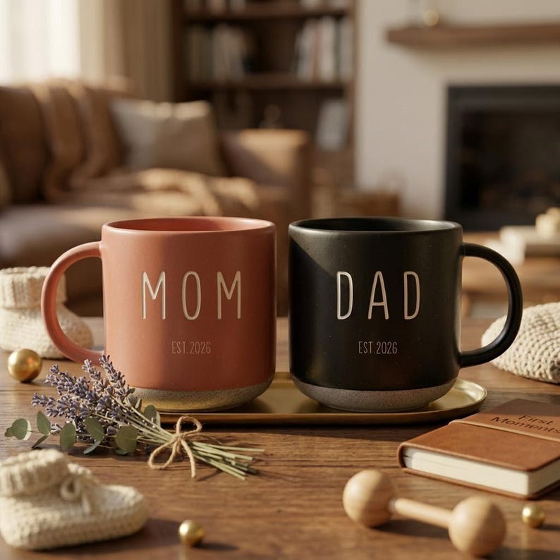 May include: Two ceramic mugs, one coral and one black, sit on a gold tray. The coral mug reads "MOM EST 2026" and the black mug reads "DAD EST 2026". The mugs are on a wooden table with baby items.
