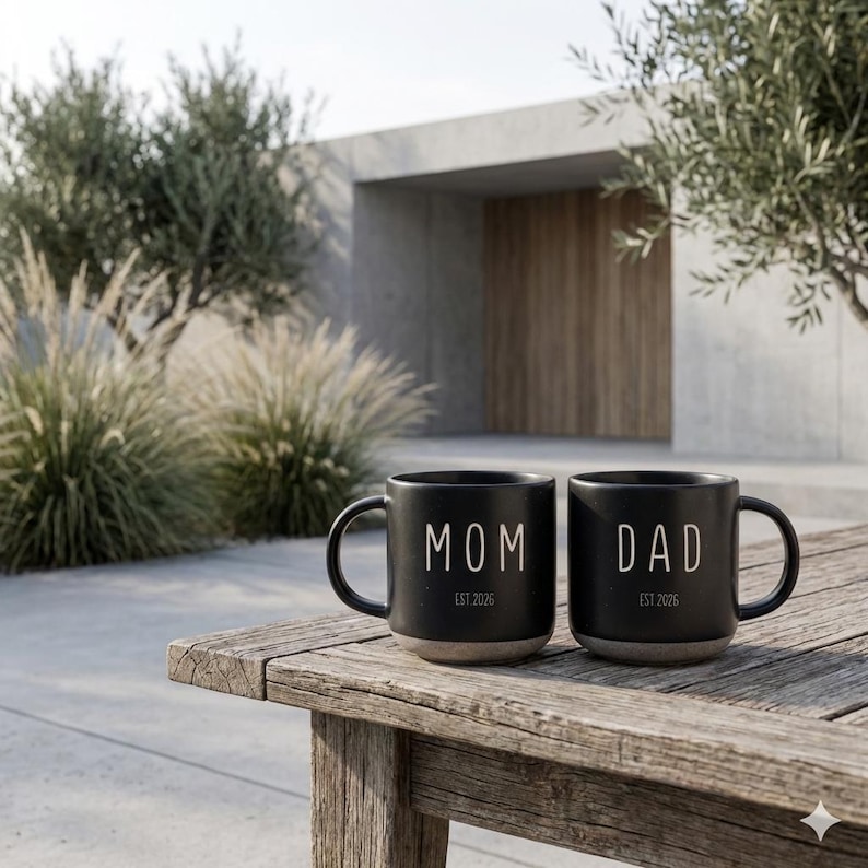 May include: Two black ceramic mugs with the words "MOM" and "DAD" in white lettering. Each mug has "EST 2026" printed below the text. The mugs are sitting on a weathered wooden table outdoors.