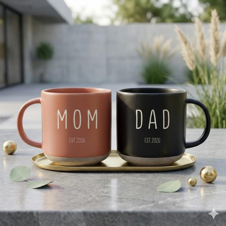 May include: Two ceramic mugs, one coral and one black, sit on a gold tray. The coral mug reads "MOM EST 2026" in white, while the black mug reads "DAD EST 2026". The mugs have a neutral base and black handles.