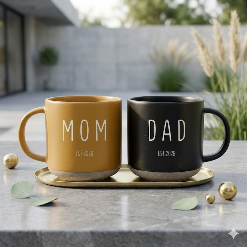 May include: Two ceramic mugs, one mustard yellow and one black, sit on a gold tray. The yellow mug reads "MOM EST 2026" and the black mug reads "DAD EST 2026". Both mugs have a gray base.
