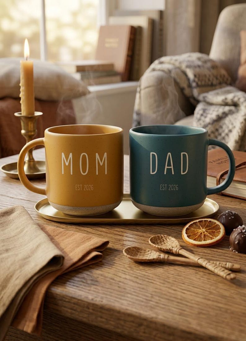 May include: Two ceramic mugs, one mustard yellow and one teal, sit on a gold tray. The yellow mug reads "MOM EST 2026" and the teal mug reads "DAD EST 2026". The mugs are on a wooden table with spoons, a candle, and a dried orange slice.