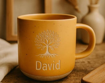 Taza de café con el árbol de la vida grabado, regalo bohemio personalizado, taza con nombre personalizado
