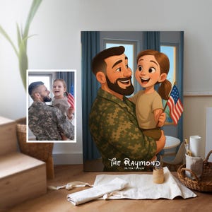 Ritratto personalizzato di papà e figlia militari in stile Disney da foto digitale scaricabile Arte dei cartoni animati patriottici per la festa del papà e il 4 luglio