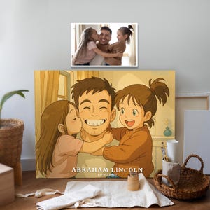 Custom Ghibli Style Father and Daughters Portrait from Photo Digital Download Anime Cartoon Family Personalized Gift for Dad or Father’s Day