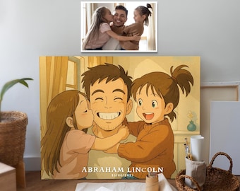 Custom Ghibli Style Father & Daughters Portrait: Anime Family Gift (Digital Download)