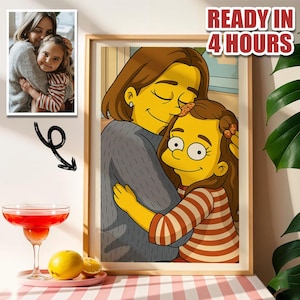 Ritratto Simpson personalizzato di mamma e figlia da foto, download digitale, regalo di famiglia personalizzato con disegno a fumetti per la festa della mamma