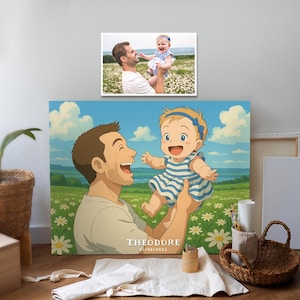 Custom Ghibli Style Father's Day Portrait from Photo Digital Download Anime Cartoon Art Personalized Gift for Dad Baby Girl Nursery Decor