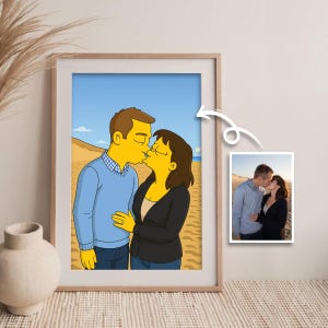 Spersonalizowany portret pary Simpsonów do pobrania w wersji cyfrowej ze zdjęcia Spersonalizowana żółta sztuka z kreskówek z imionami i datą na prezent dla pary na rocznicę