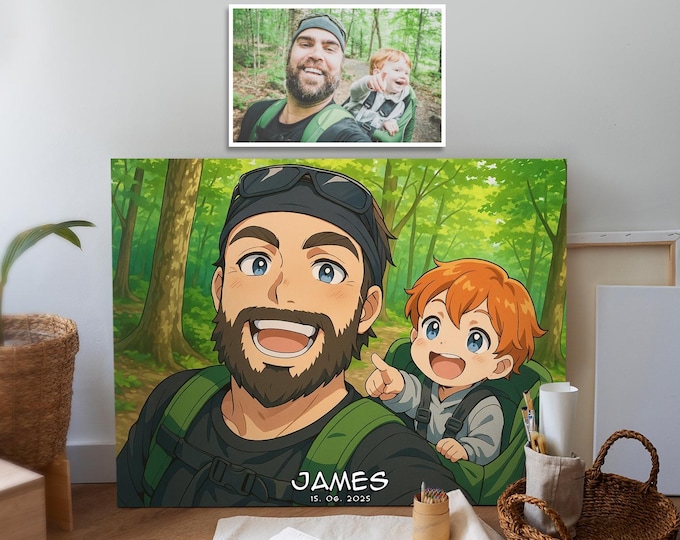 Portrait personnalisé style anime de papa et fils à partir de photo cadeau numérique pour la fête des pères oeuvre d'art personnalisée pour les amoureux des pères et des enfants
