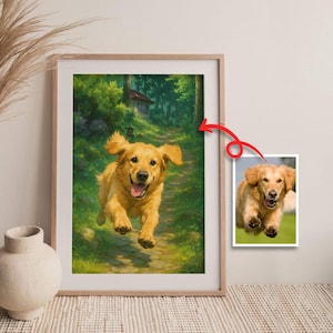 Custom Ghibli Style Pet Portrait Digital Download Personalized Dog or Cat Illustration Cute Anime Art with Warm Nature Floral Background