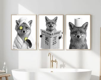 Set of 3 Funny Fox Bathroom Prints, Printable Wall Art, Bathroom art, Bathroom Wall Decor, Animal in Toilet