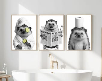 Set of 3 Funny Hedgehog Bathroom Prints, Printable Wall Art, Bathroom art, Bathroom Wall Decor, Animal in Toilet