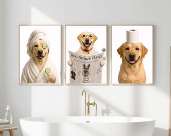 May include: Three framed prints featuring Labrador Retrievers in humorous poses. One dog wears a spa robe and cucumber slices, another reads a newspaper, and the third has a toilet paper roll on its head. The prints are displayed above a white bathtub.