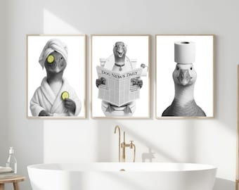Set of 3 Funny Goose Bathroom Prints, Printable Wall Art, Dog Art, Bathroom art, Bathroom Wall Decor, Animal in Toilet