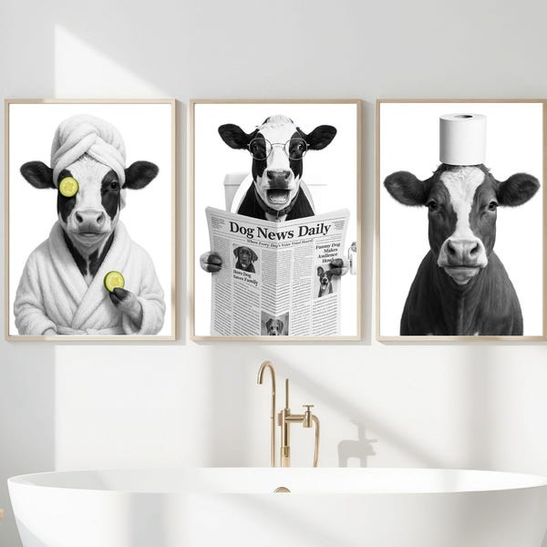 Set of 3 Funny Cow Bathroom Prints, Printable Wall Art, Bathroom art, Bathroom Wall Decor, Animal in Toilet