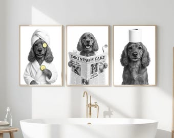Set of 3 Cocker Spaniel Bathroom Prints, Printable Wall Art, Bathroom art, Bathroom Wall Decor, Dog in Toilet, Cockapoo Art